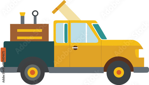 A stylized yellow and teal service pickup truck with utility equipment in the cargo bed