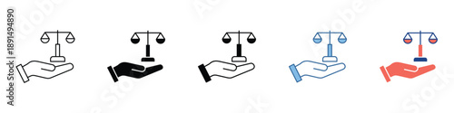 Set of vector icons depicting a hand holding a balance scale, symbolizing justice, equality, and the rule of law. Ideal for legal, ethical, and judicial concepts in modern design projects