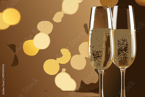 Two champagne flutes toast with golden bokeh lights in the background