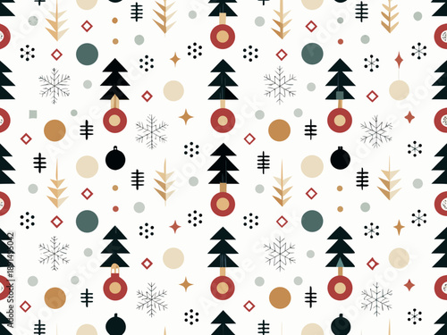 Festive christmas pattern with trees snowflakes and colorful circular ornaments