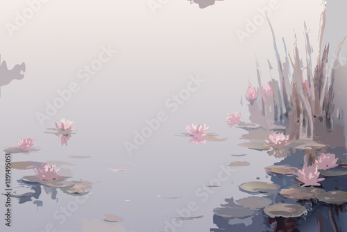 Serene waterscape with pink water lilies and reeds in soft pastel tones