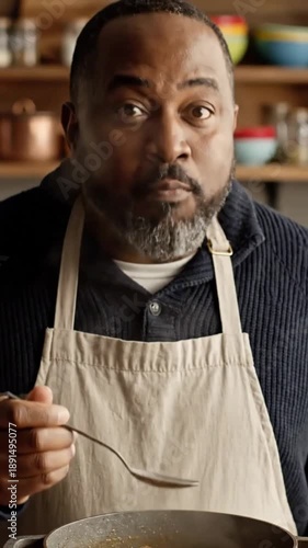 Mature black man tasting food while cooking in a kitchen  
