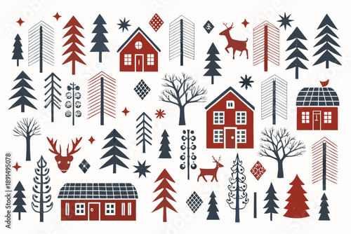 Scandinavian winter scene with stylized trees houses and reindeer