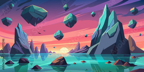 Floating rocks over water surreal landscape art digital rendering nature background wallpaper hd aesthetic art
