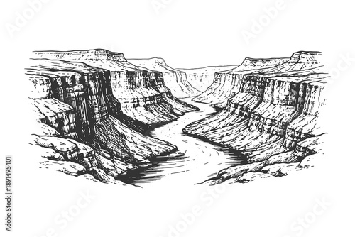 Majestic canyon river landscape vector illustration in detailed vintage woodcut style featuring high rock cliffs and a flowing water stream below.
