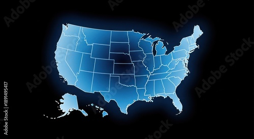 Blue glowing digital map of United States with state borders