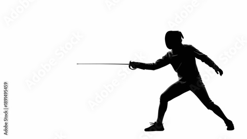 Silhouette of a fencer in action with sword extended.