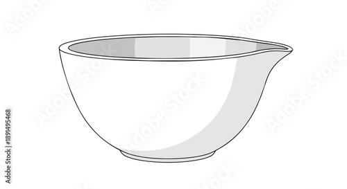 Clean line art rendering of a practical kitchen mixing bowl with an integrated pouring spout, showcasing essential design for culinary tasks and