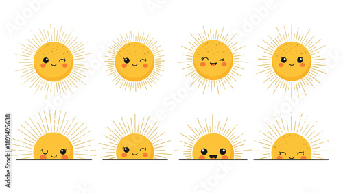 Large collection of cheerful cartoon sun characters with various happy faces and diverse styles of radiating rays.