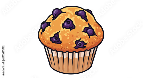 Delightful cartoon blueberry muffin illustration, a perfect representation of a freshly baked sweet treat with vibrant fruit accents, ideal for
