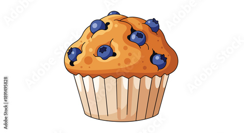 Delicious blueberry muffin illustration, a charming golden baked treat with vibrant indigo berries in a crisp paper cup. A sweet breakfast delight.
