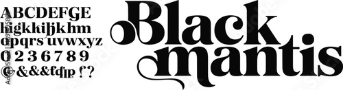 Black mantis serif typeface specimen, modern elegant typography font showcase, alphabet numbers glyphs, professional branding editorial design, poster, layout, vector