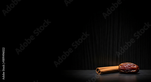 A single date fruit and a cinnamon stick resting on a dark surface with a black background.