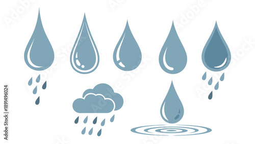 Set of blue weather icons features various raindrops, clouds, and water ripples to represent rain and moisture.