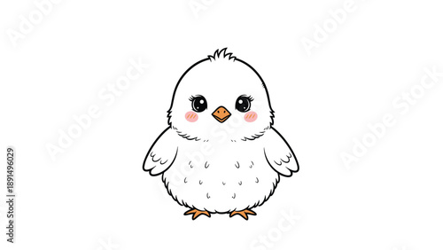 Small fluffy white chick with a smiling face and orange beak stands centered on a plain white background for spring themes.