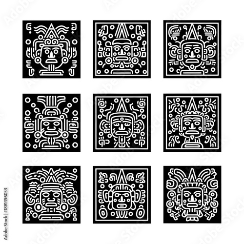 Ancient Peruvian Nazca Culture Tribal Faces Masks Icons Set