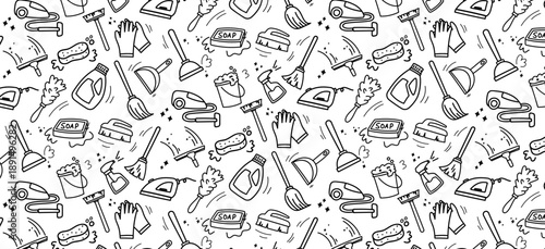 cleaning tools doodle seamless pattern hand drawing household