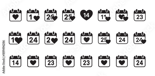 Valentine's day calendar icons set holiday event date love heart vector symbol collection isolated
