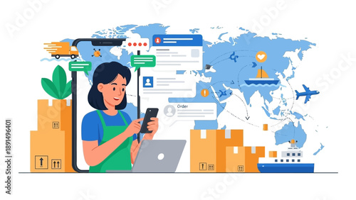 Seamless worldwide e-commerce logistics, showcasing digital order tracking and efficient supply chain management with a woman optimizing online delivery operations