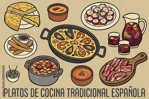 Plates of spanish traditional cuisine. Paella, tortilla, jamon, tapas, gazpacho, fabada, pulpo a la gallega, crema catalana, churros, sangria. Vector poster with lettering