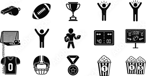 American football icons set, sport equipment, referee whistle, scoreboard, trophy, fans celebration symbols, black vector illustration collection