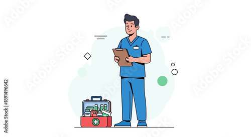 Medical Professional with First Aid Kit and Clipboard Illustration.