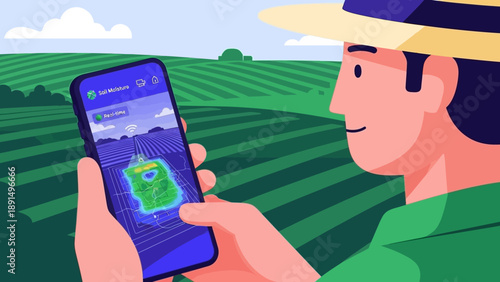 A farmer analyzes farm data on a smartphone in a lush green field, showcasing smart agriculture technology