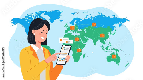 Business professional manages global digital networks and data exchange via mobile device, demonstrating worldwide connectivity and efficient communication solutions