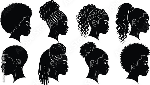 African women hairstyle silhouettes collection, natural curly braided bun ponytail afro hair styles, female profile heads vector illustration