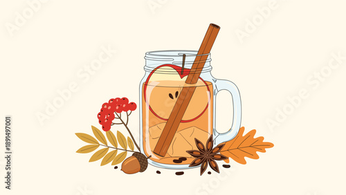 Autumn themed drink in a glass jar features apple slices, cinnamon sticks, and is surrounded by berries, leaves, and acorns.