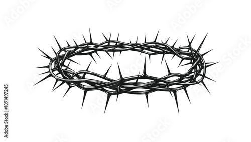Detailed black and white engraving style sketch of a crown of thorns symbolizing sacrifice and religious faith, isolated on a plain white background.