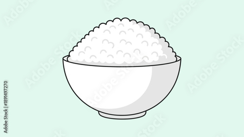 A minimalistic illustration of a bowl of white rice on a light green background.