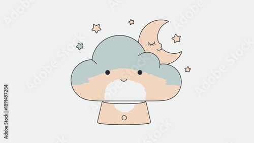 A cute smiling cloud with a sleeping moon and stars illustration.