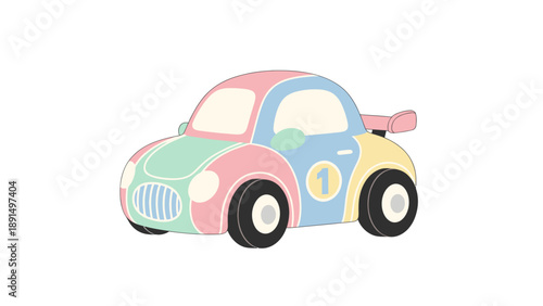 A cute pastel colored cartoon race car with the number one.