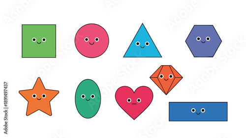 Large set of cheerful and colorful geometric shapes with cute smiling faces including squares, circles, and stars for kids learning on white.