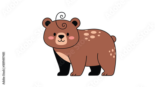 Adorable cartoon illustration of a friendly brown bear with light spots on its back and a playful swirl of hair on its head, isolated on white.