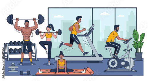 People exercising in a modern gym with exercise equipment and city view.