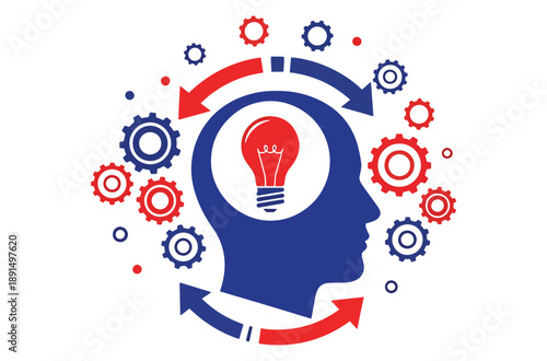 Creative problem solving concept with lightbulb and gears in human head, symbolizing innovation and idea generation.