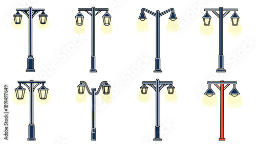 Comprehensive collection of traditional street lamp designs in a classic blue and yellow color palette glowing on a plain white background.
