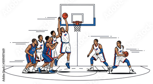 Dynamic basketball game with players competing on the court