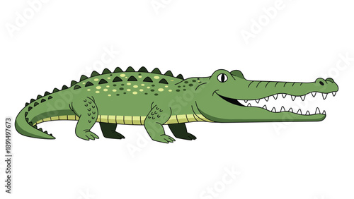 Friendly green crocodile cartoon character with a long tail, bumpy skin, and sharp white teeth illustrated against a clean white background.