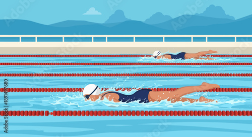 Two swimmers race in a pool with lane lines and mountains in the background.