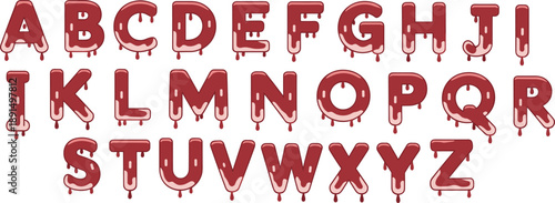 Dripping red alphabet letters set, horror style typography design, liquid slime font, creative decorative English characters illustration