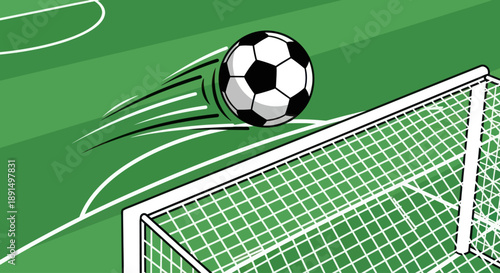 Soccer ball flies into the goal, scoring a point on a green football field.