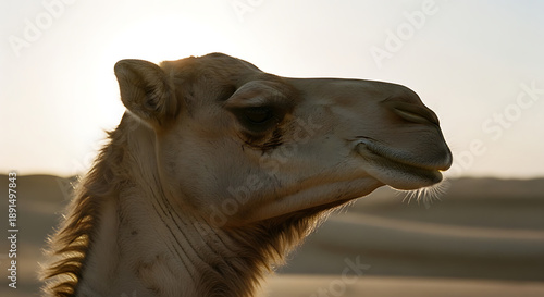 Close-up profile of a dromedary camel's head backlit by the setting sun in a vast desert landscape.