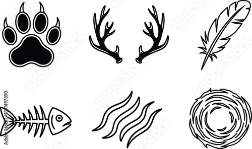 Nature symbols icon set, animal paw antlers feather fish bone waves nest, wildlife outdoor elements, black vector illustration collection