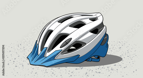 Illustration of a white and blue bicycle helmet on a light gray background.