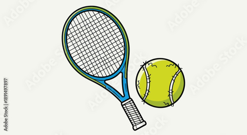 Cartoon illustration of a blue tennis racket and green tennis ball on a plain background.