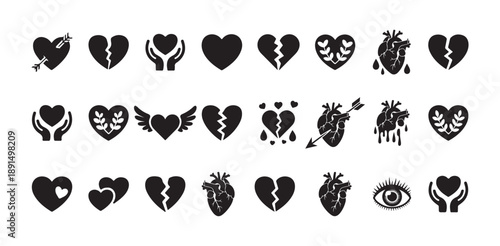 Broken hearts hands holding organ and pierced symbols icon set of dark love romance and tragedy