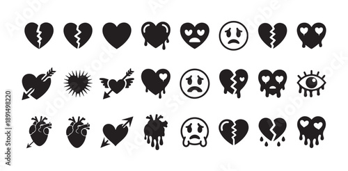 Broken hearts melting faces anatomical organs pierced arrows and sad emojis icon set dark vector